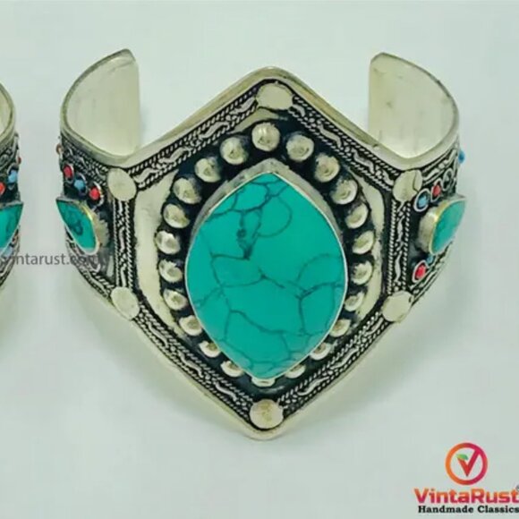 Single Boho Turquoise Kuchi Bracelet: Ethnic Afghan Tribal Cuff Jewelry - Picture 3 of 7